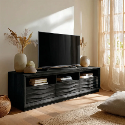 Handcrafted Solid Wood TV Stand with Sculpted Wave Drawers and Multi Open Media Compartments - Woodenecho