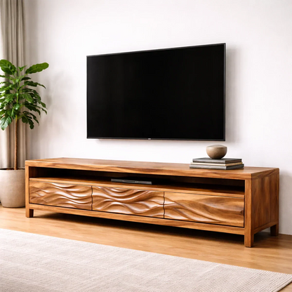 Handcrafted Solid Wood TV Stand with Sculpted Wave Drawers and Open Media Shelf - Elitegemse