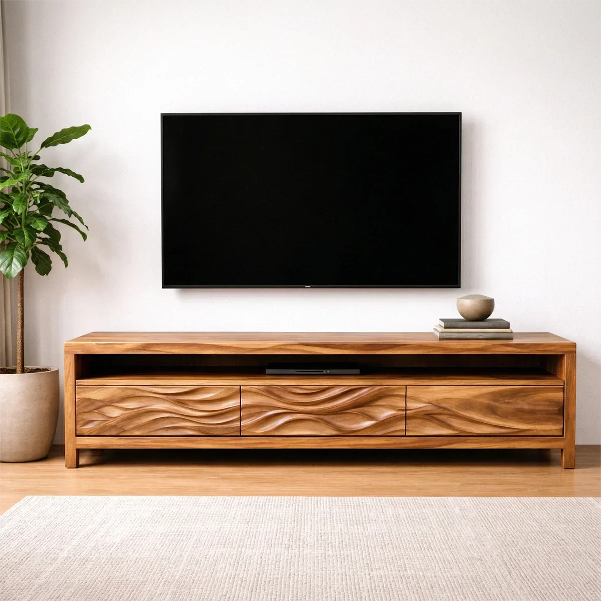 Handcrafted Solid Wood TV Stand with Sculpted Wave Drawers and Open Media Shelf - Elitegemse