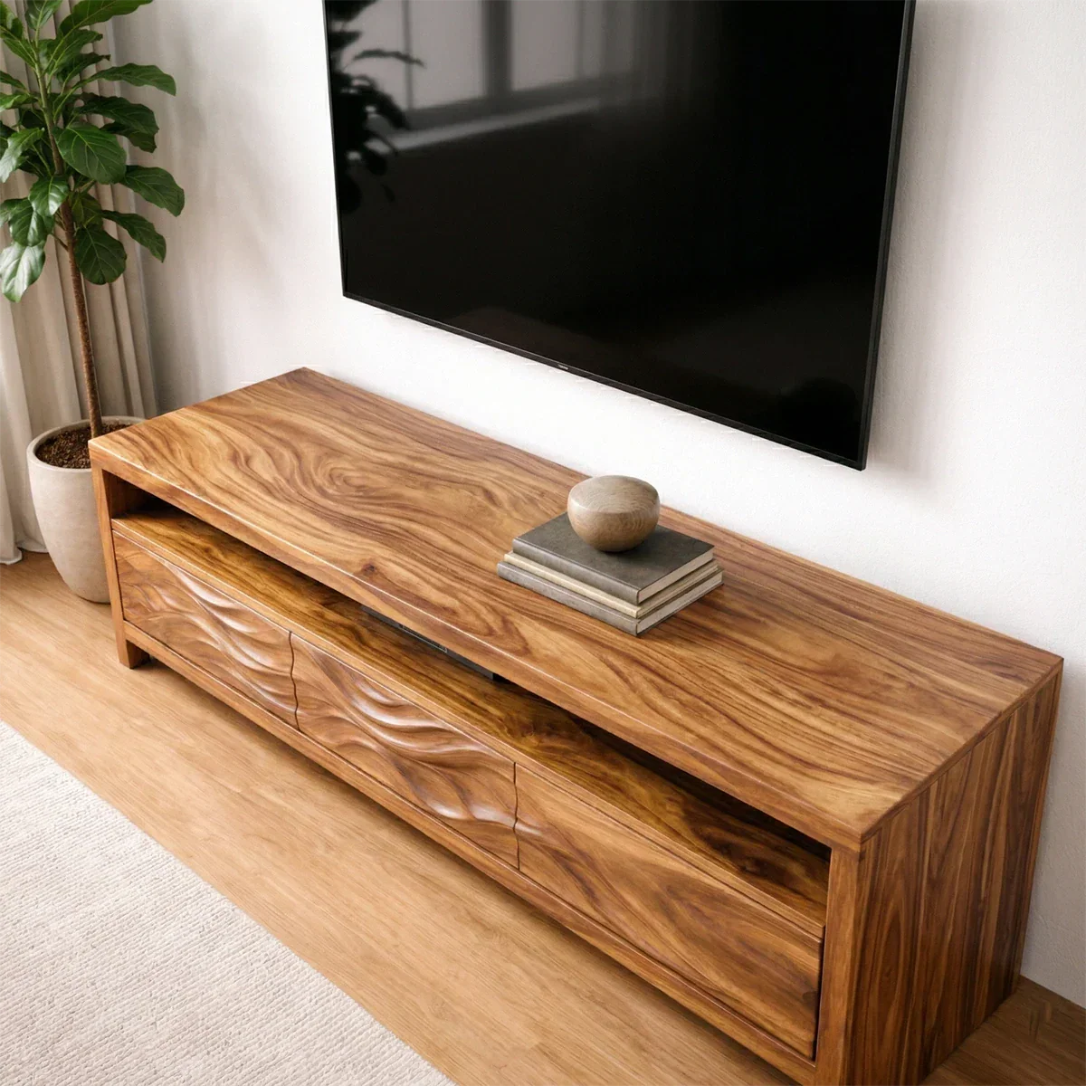 Handcrafted Solid Wood TV Stand with Sculpted Wave Drawers and Open Media Shelf - Elitegemse