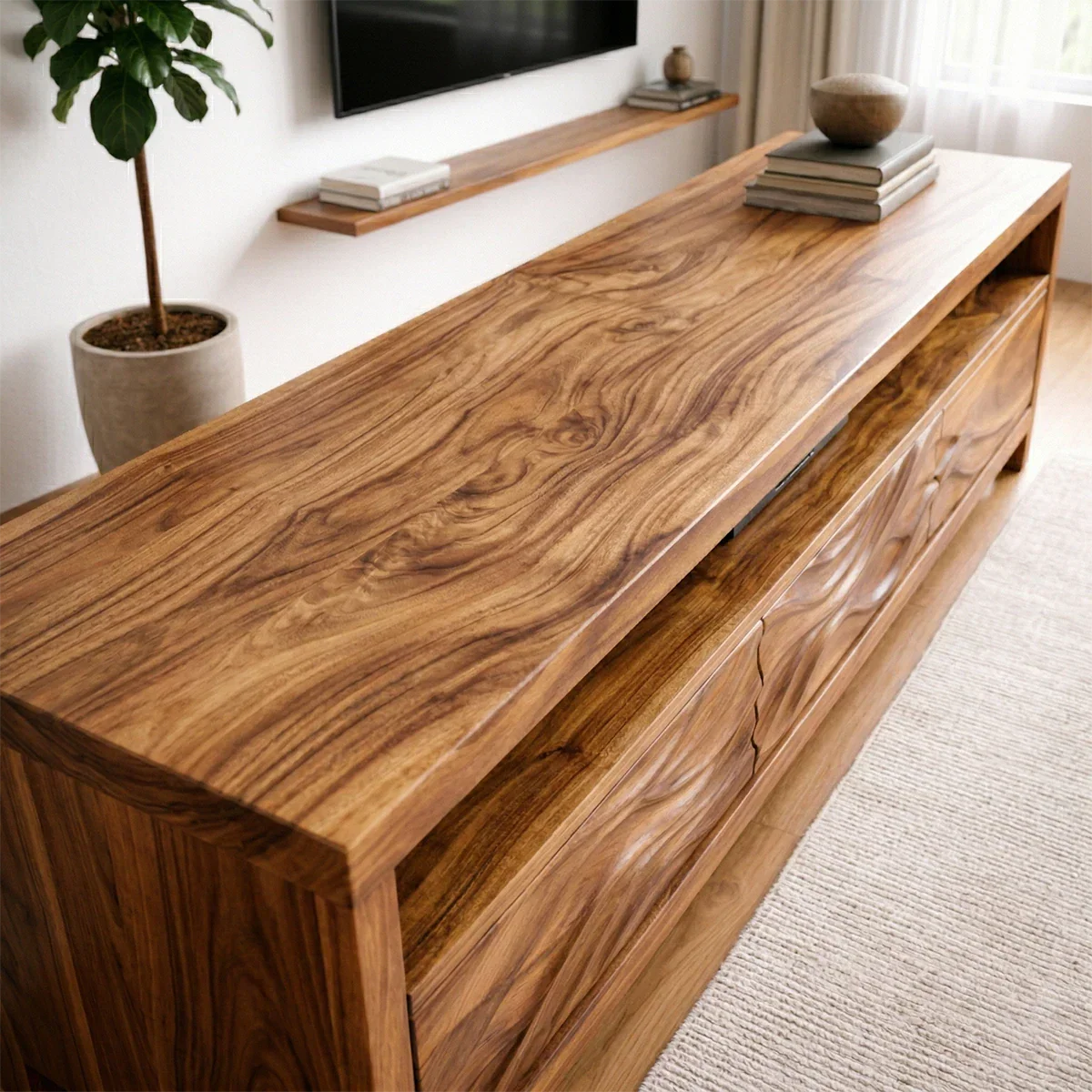 Handcrafted Solid Wood TV Stand with Sculpted Wave Drawers and Open Media Shelf - Elitegemse