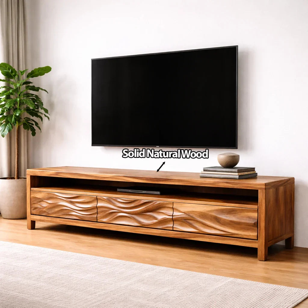 Handcrafted Solid Wood TV Stand with Sculpted Wave Drawers and Open Media Shelf - Elitegemse