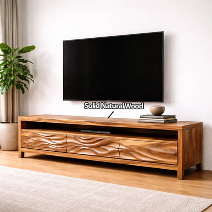 Handcrafted Solid Wood TV Stand with Sculpted Wave Drawers and Open Media Shelf - Elitegemse