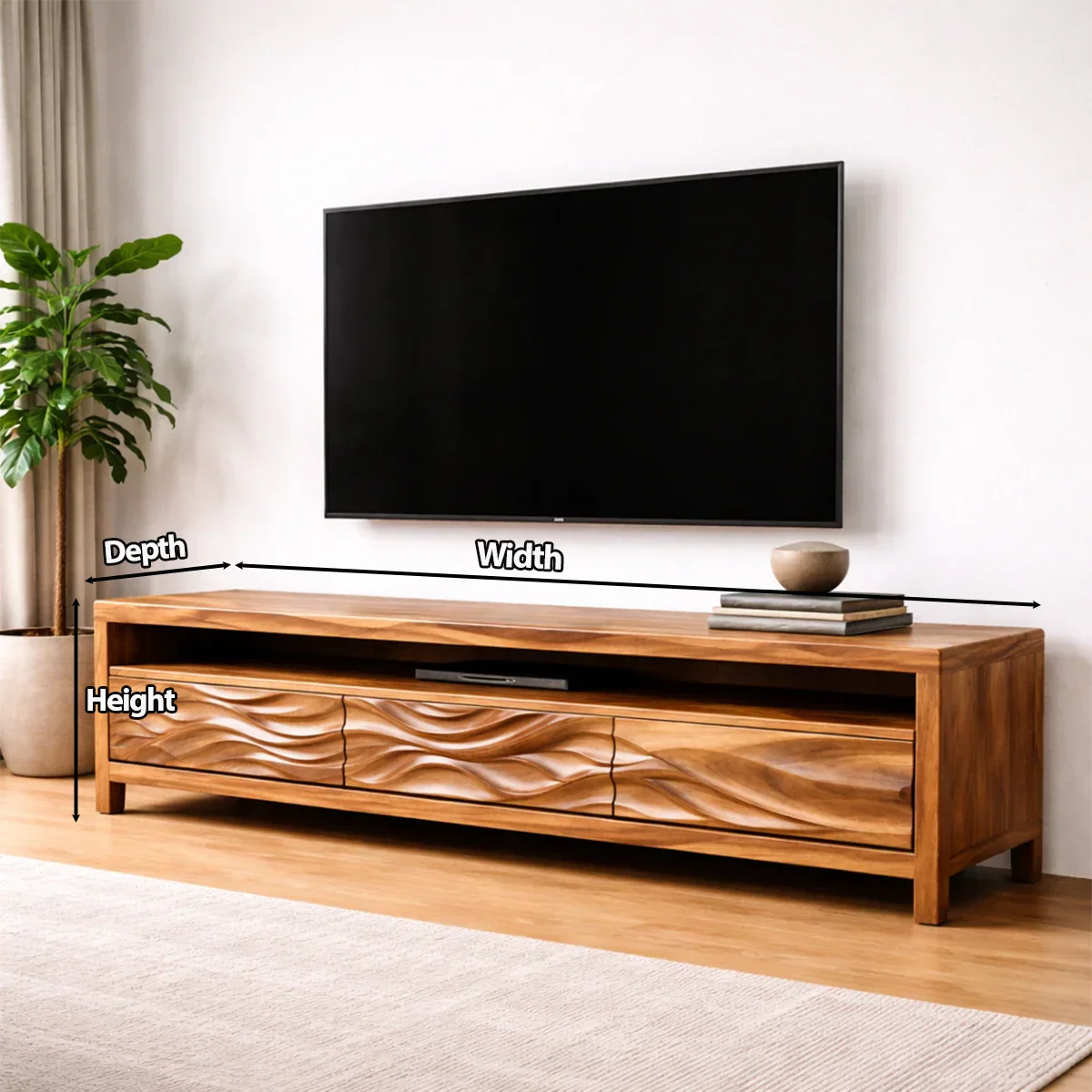 Handcrafted Solid Wood TV Stand with Sculpted Wave Drawers and Open Media Shelf - Elitegemse