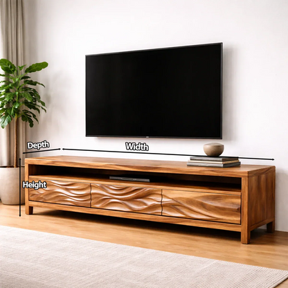 Handcrafted Solid Wood TV Stand with Sculpted Wave Drawers and Open Media Shelf - Elitegemse