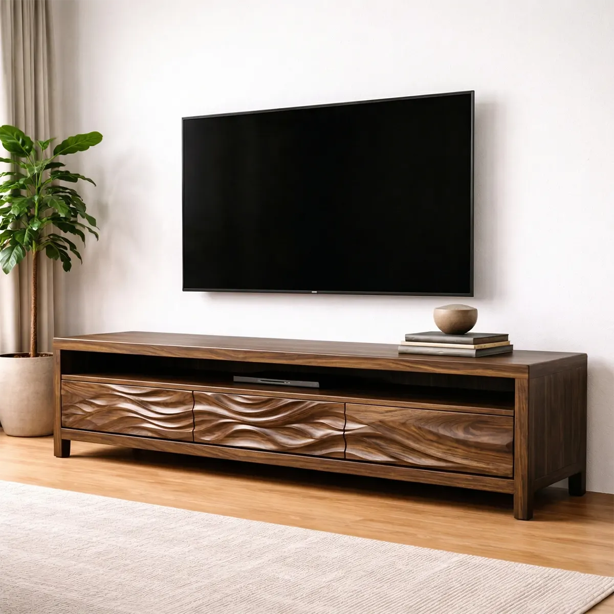Handcrafted Solid Wood TV Stand with Sculpted Wave Drawers and Open Media Shelf - Elitegemse