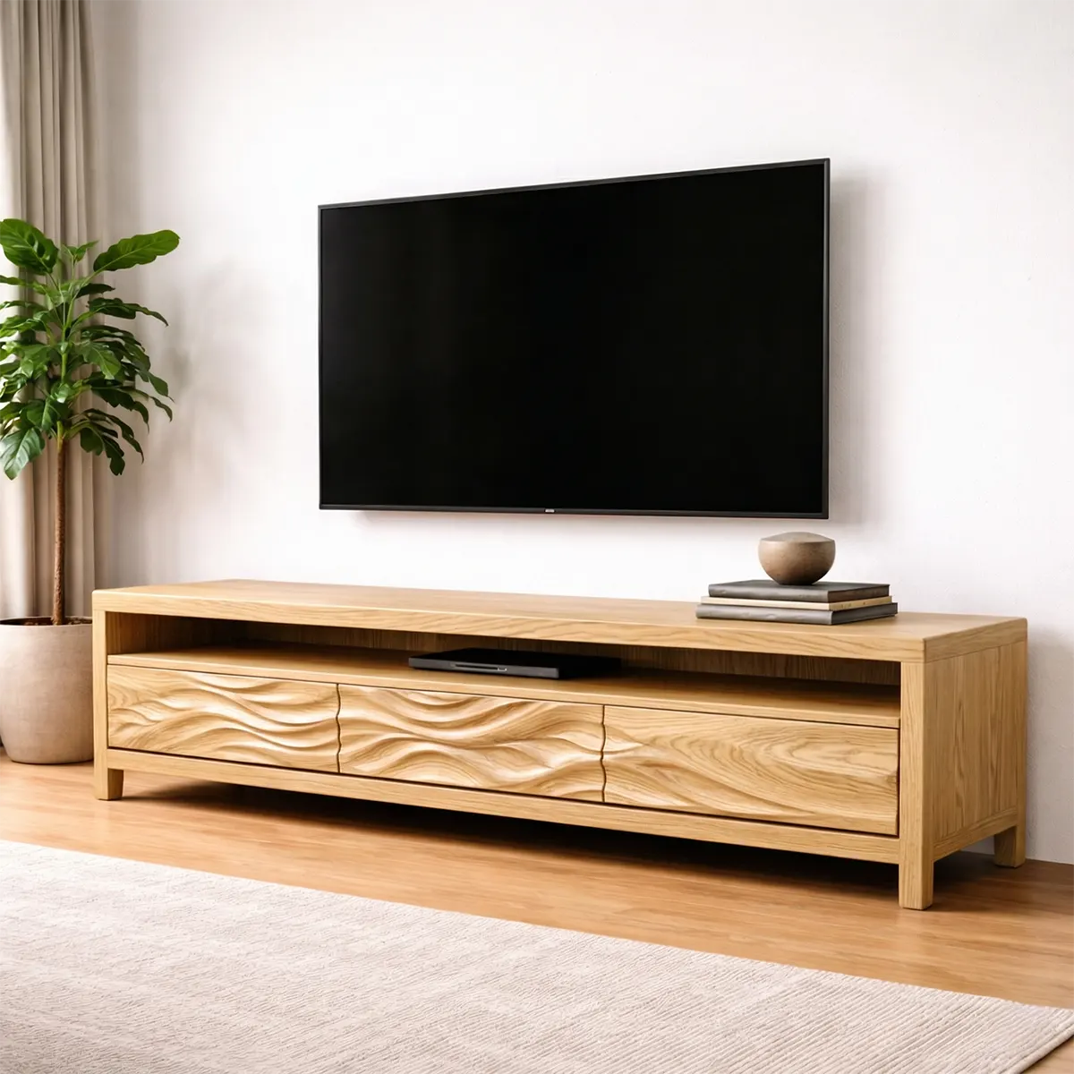 Handcrafted Solid Wood TV Stand with Sculpted Wave Drawers and Open Media Shelf - Elitegemse