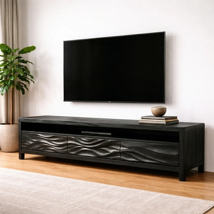 Handcrafted Solid Wood TV Stand with Sculpted Wave Drawers and Open Media Shelf - Elitegemse