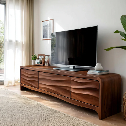 Handcrafted Solid Wood TV Stand with Sculpted Wave Panels and Rounded Frame Design - Elitegemse