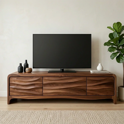 Handcrafted Solid Wood TV Stand with Sculpted Wave Panels and Rounded Frame Design - Woodenecho