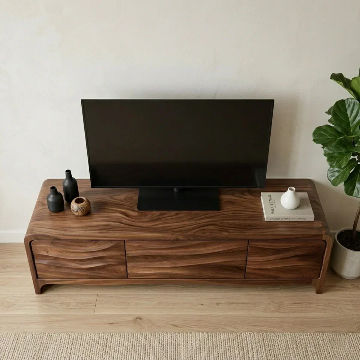 Handcrafted Solid Wood TV Stand with Sculpted Wave Panels and Rounded Frame Design - Woodenecho