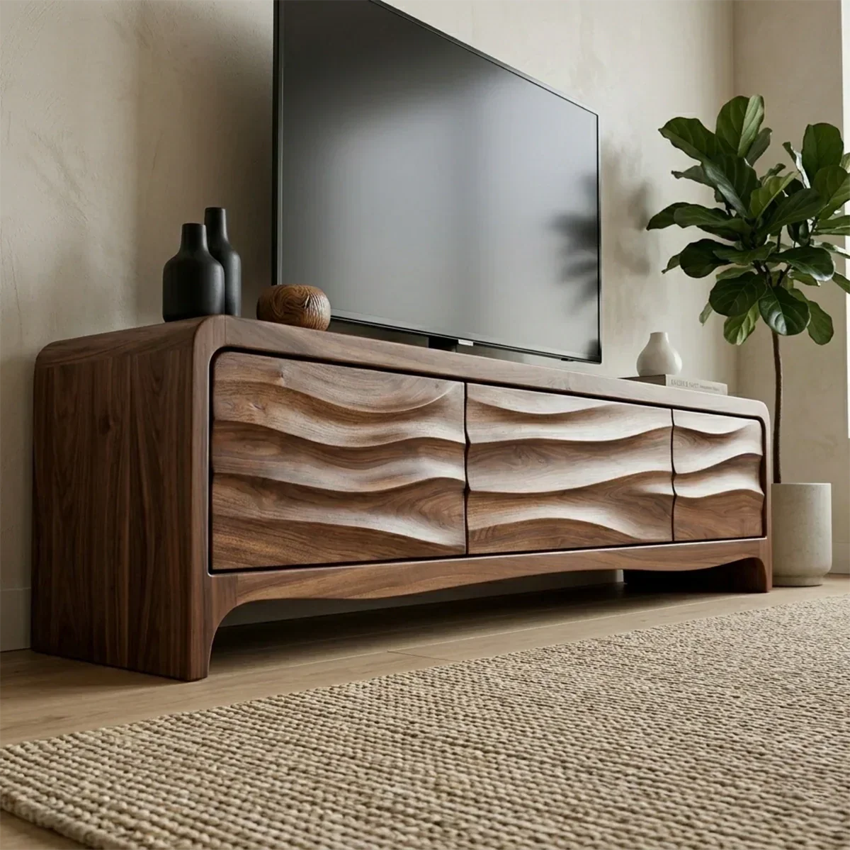 Handcrafted Solid Wood TV Stand with Sculpted Wave Panels and Rounded Frame Design - Woodenecho
