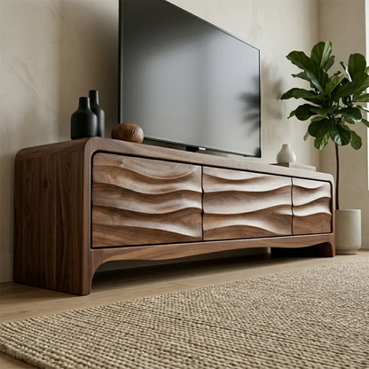 Handcrafted Solid Wood TV Stand with Sculpted Wave Panels and Rounded Frame Design - Woodenecho