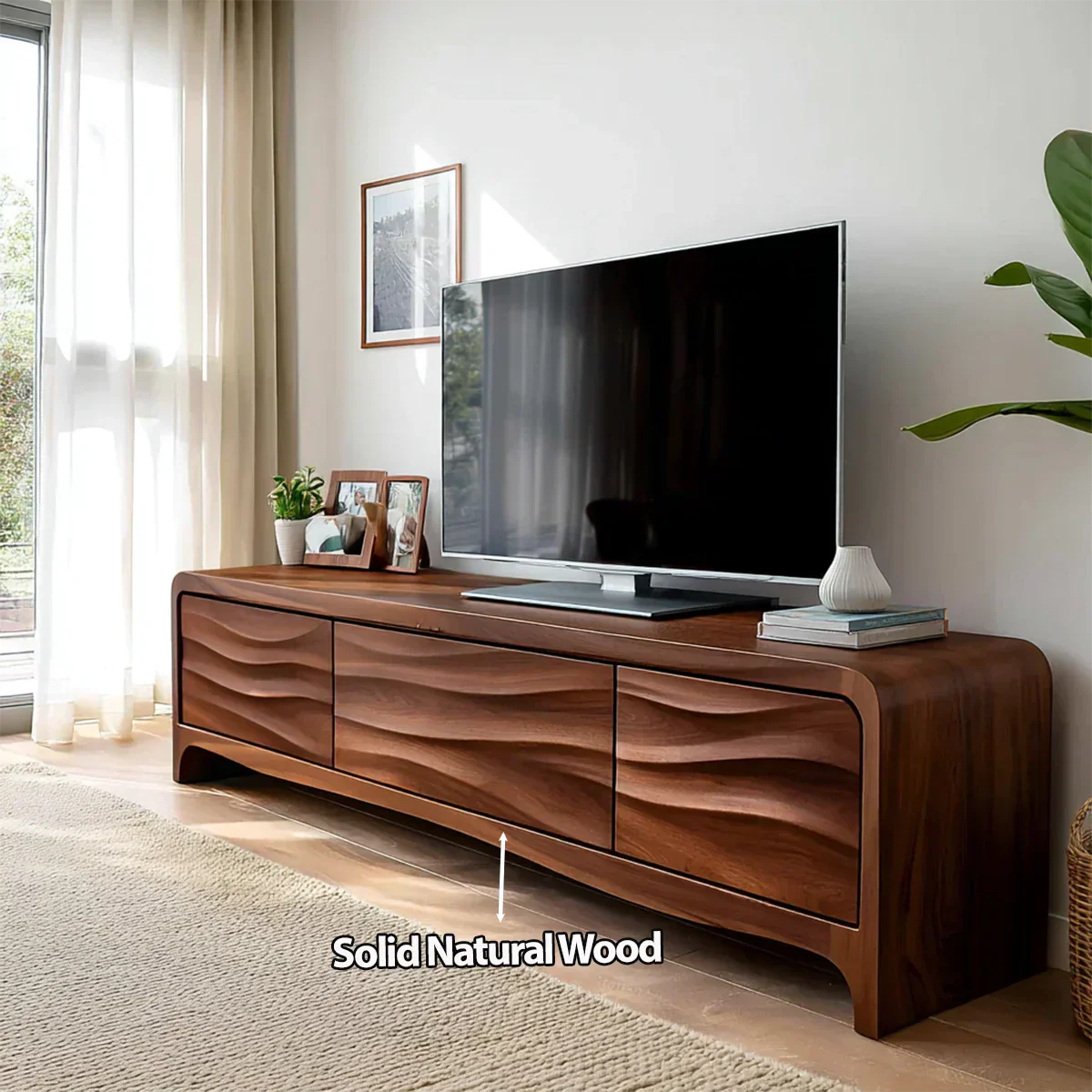 Handcrafted Solid Wood TV Stand with Sculpted Wave Panels and Rounded Frame Design - Woodenecho