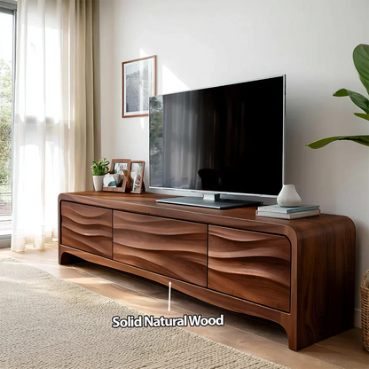 Handcrafted Solid Wood TV Stand with Sculpted Wave Panels and Rounded Frame Design - Woodenecho