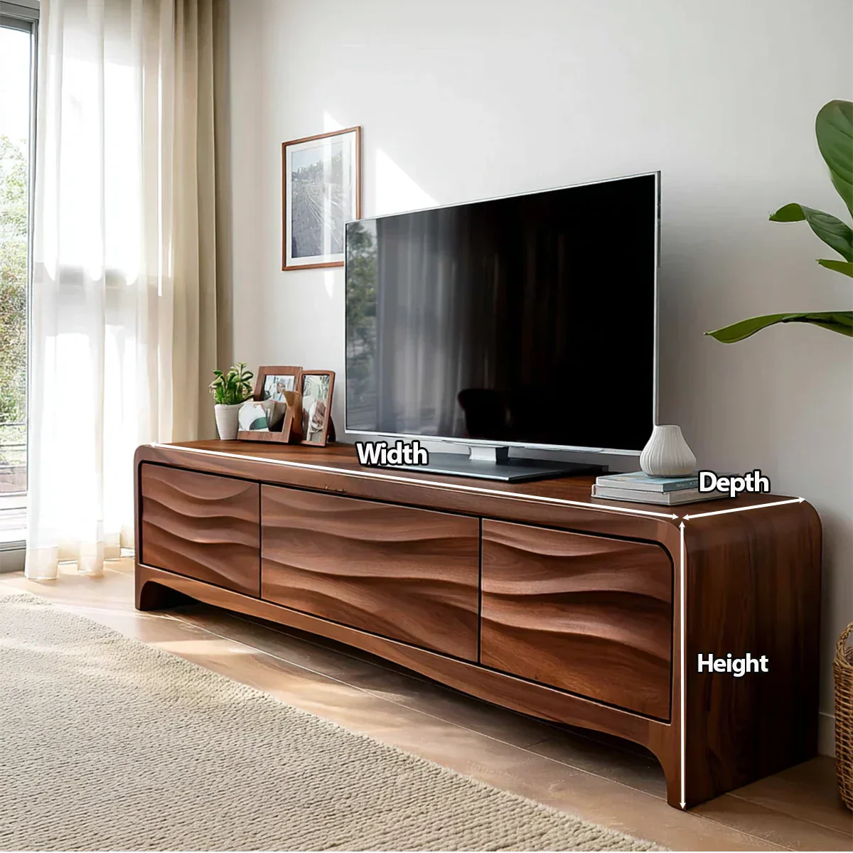 Handcrafted Solid Wood TV Stand with Sculpted Wave Panels and Rounded Frame Design - Woodenecho