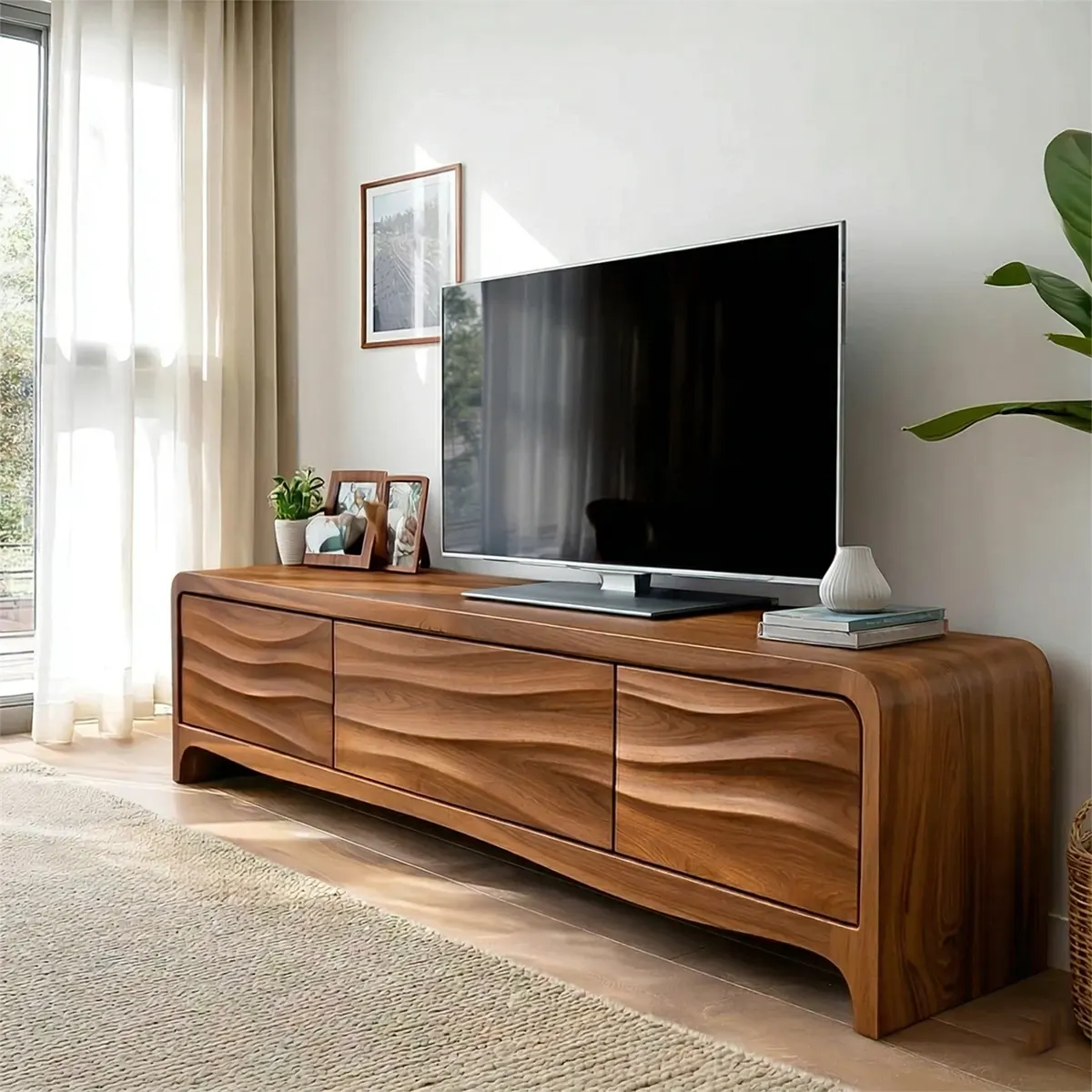 Handcrafted Solid Wood TV Stand with Sculpted Wave Panels and Rounded Frame Design - Woodenecho