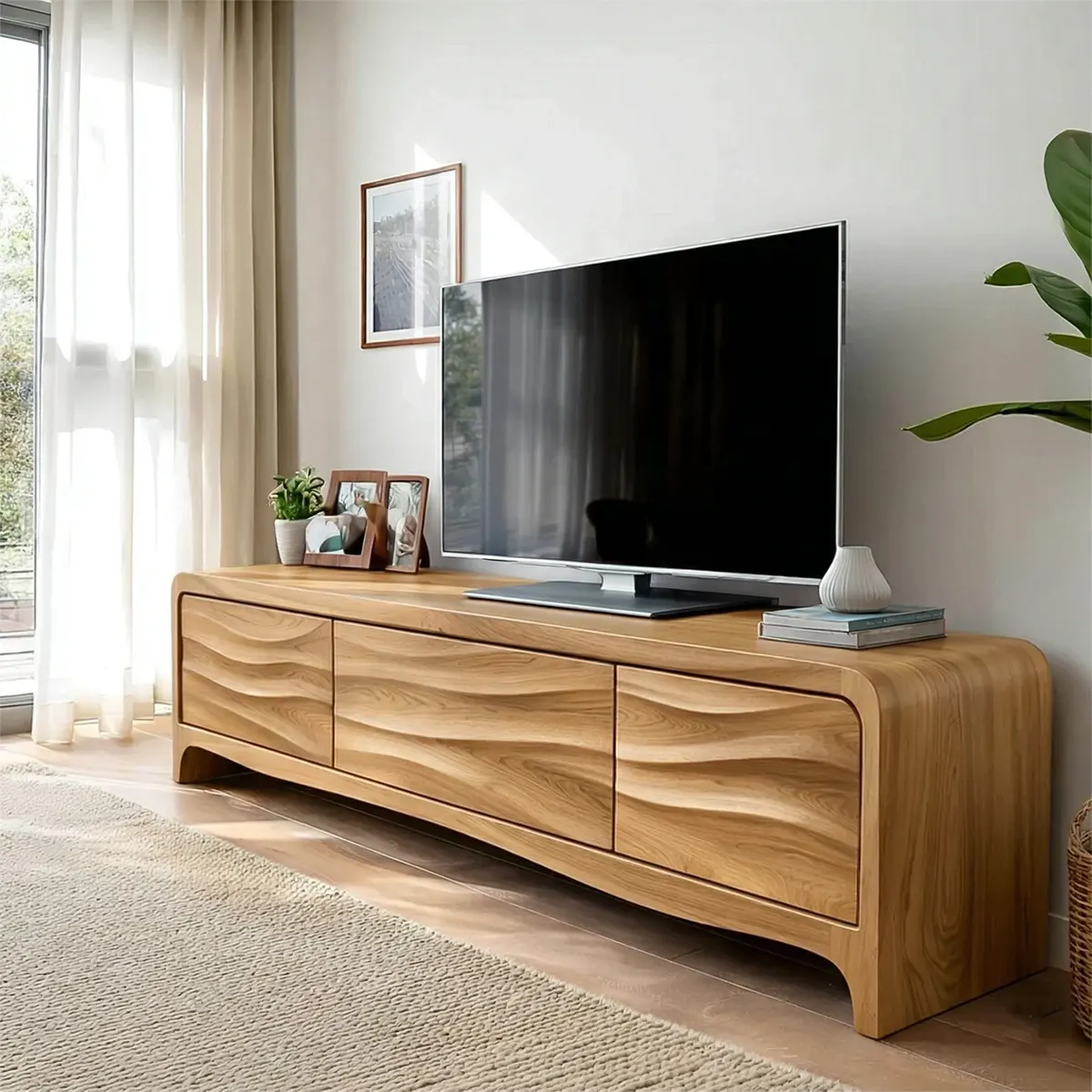 Handcrafted Solid Wood TV Stand with Sculpted Wave Panels and Rounded Frame Design - Woodenecho
