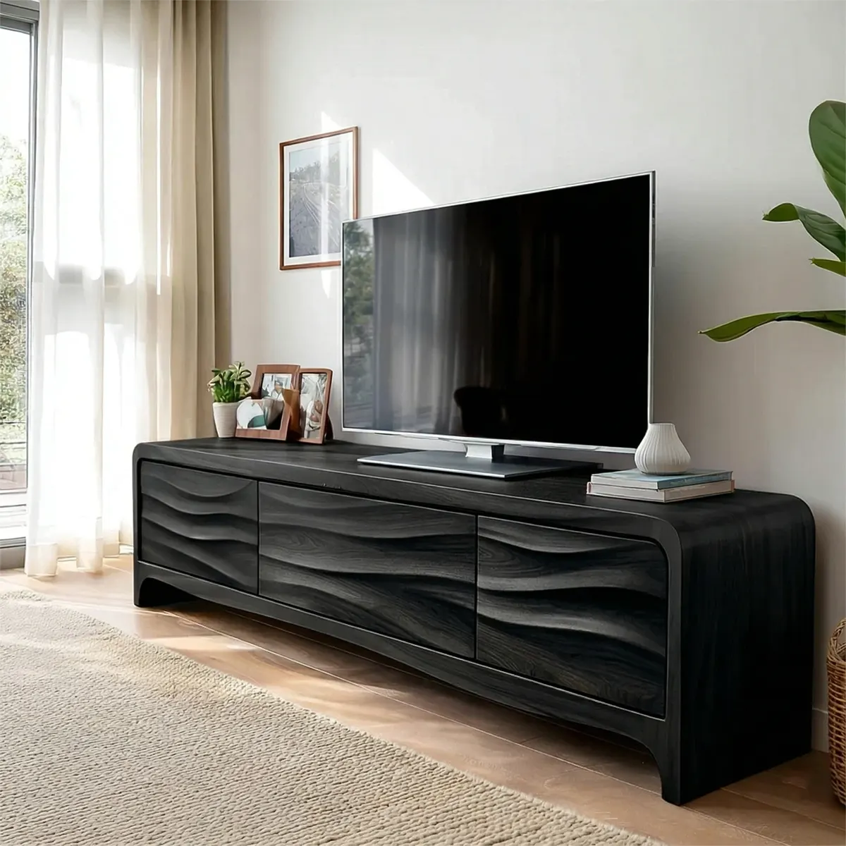 Handcrafted Solid Wood TV Stand with Sculpted Wave Panels and Rounded Frame Design - Woodenecho