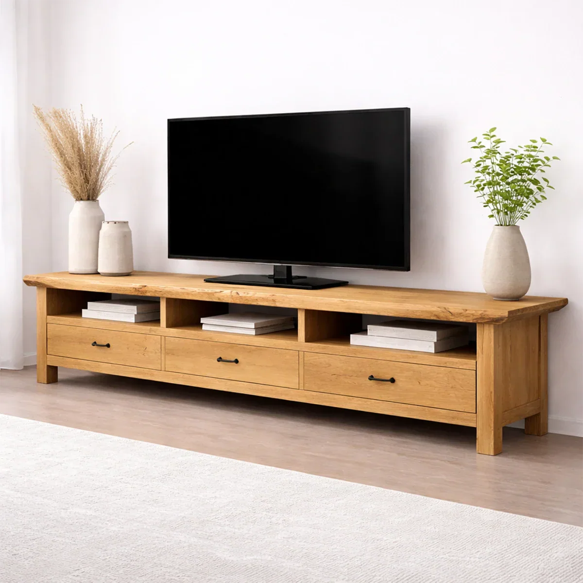 Handcrafted Solid Wood TV Stand with Spacious Drawers and Open Media Storage - Elitegemse
