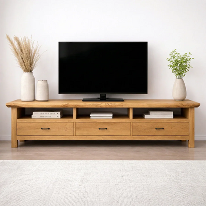 Handcrafted Solid Wood TV Stand with Spacious Drawers and Open Media Storage - Elitegemse