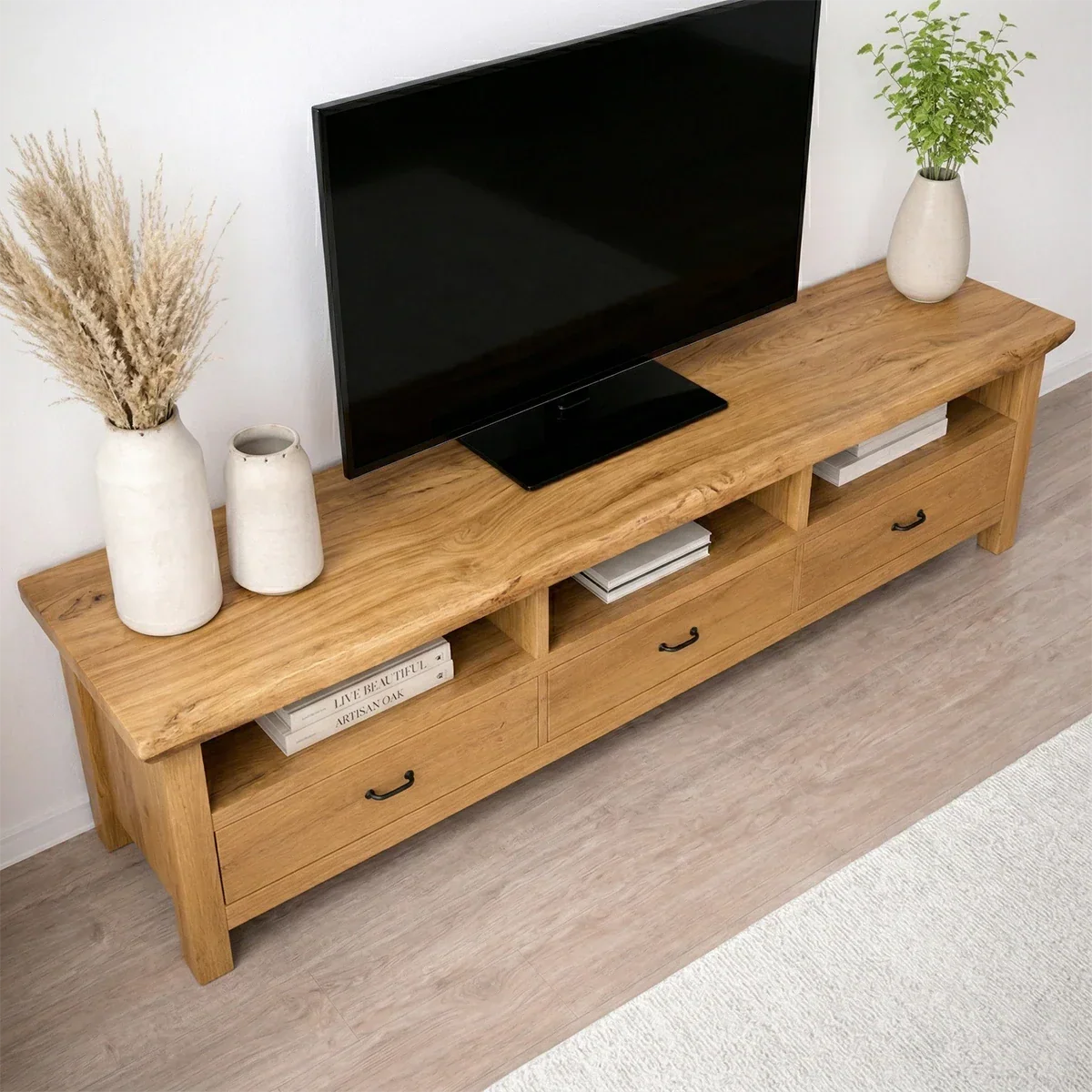 Handcrafted Solid Wood TV Stand with Spacious Drawers and Open Media Storage - Elitegemse