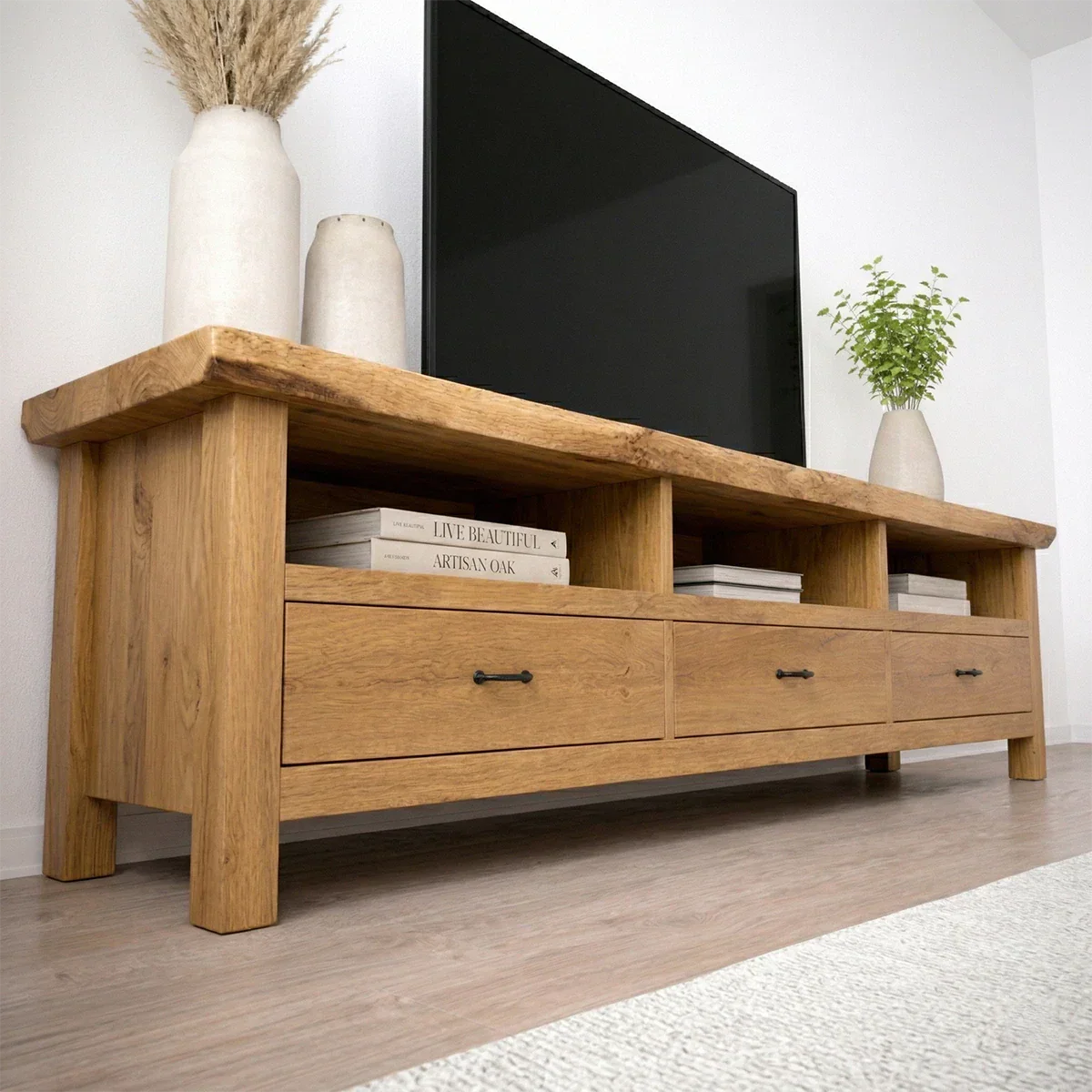 Handcrafted Solid Wood TV Stand with Spacious Drawers and Open Media Storage - Elitegemse