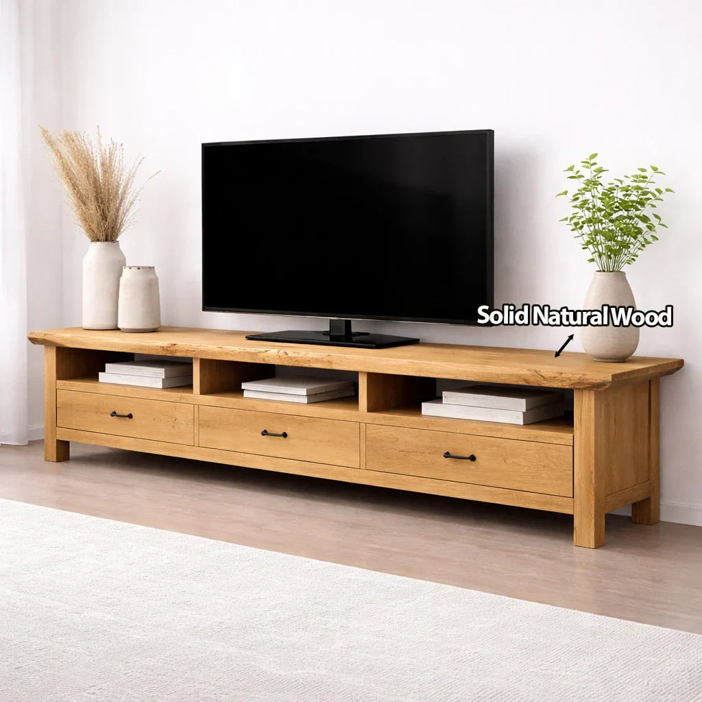 Handcrafted Solid Wood TV Stand with Spacious Drawers and Open Media Storage - Elitegemse