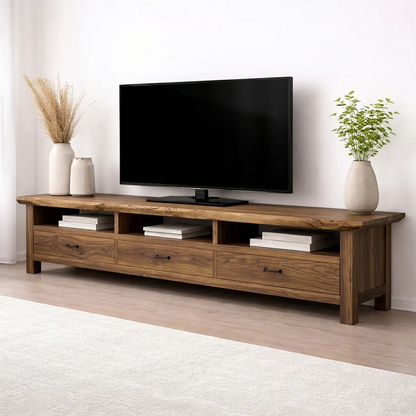 Handcrafted Solid Wood TV Stand with Spacious Drawers and Open Media Storage - Elitegemse