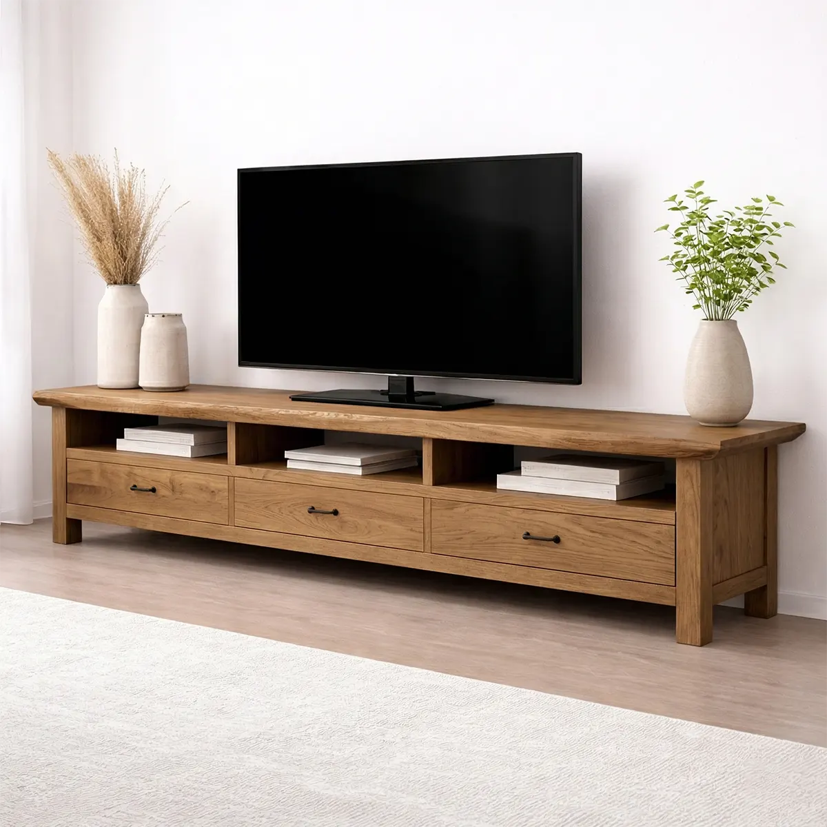 Handcrafted Solid Wood TV Stand with Spacious Drawers and Open Media Storage - Elitegemse