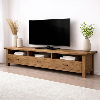 Handcrafted Solid Wood TV Stand with Spacious Drawers and Open Media Storage - Elitegemse