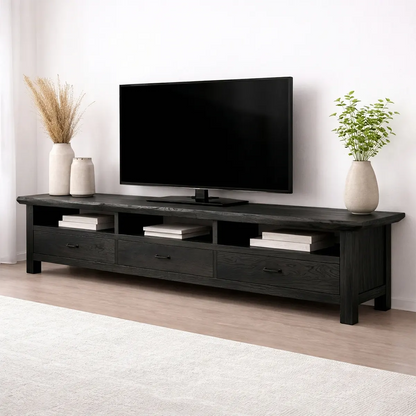 Handcrafted Solid Wood TV Stand with Spacious Drawers and Open Media Storage - Elitegemse