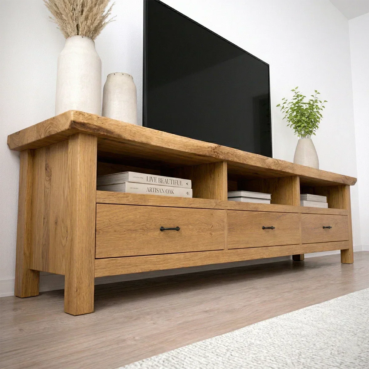 Handcrafted Solid Wood TV Stand with Spacious Drawers and Open Media Storage - Woodenecho