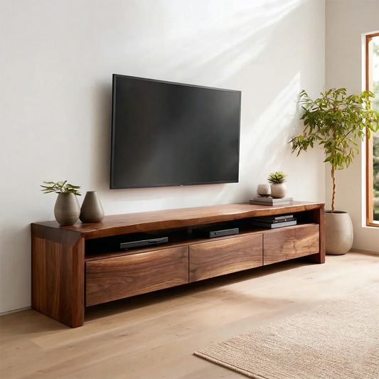 Handcrafted Solid Wood TV Stand with Thick Top and Curved Side Legs - Elitegemse