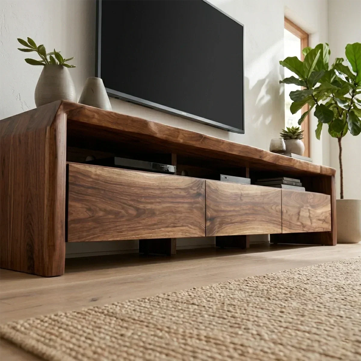 Handcrafted Solid Wood TV Stand with Thick Top and Curved Side Legs - Woodenecho