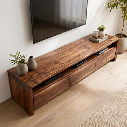 Handcrafted Solid Wood TV Stand with Thick Top and Curved Side Legs - Woodenecho