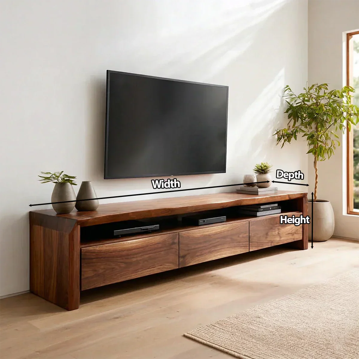 Handcrafted Solid Wood TV Stand with Thick Top and Curved Side Legs - Woodenecho