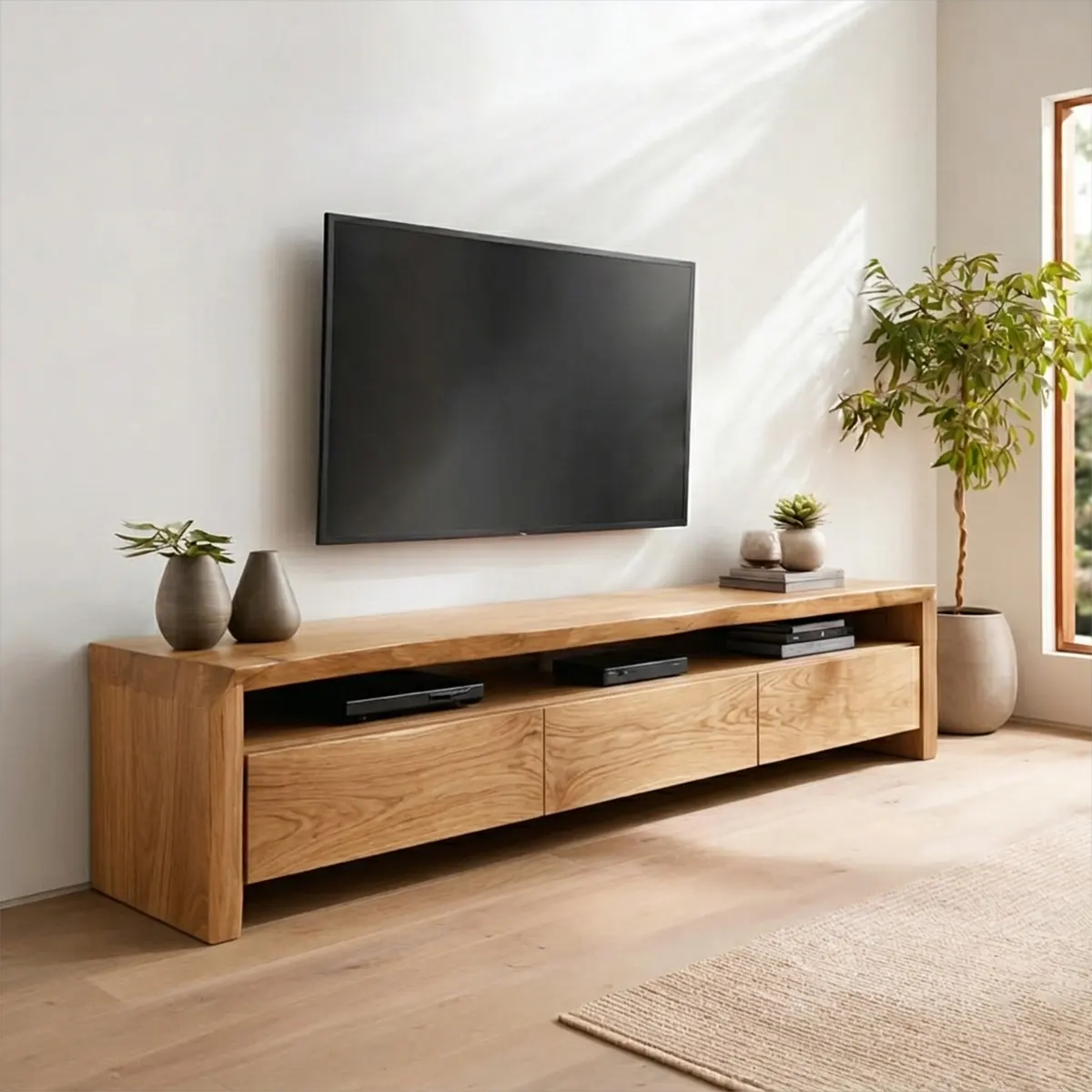 Handcrafted Solid Wood TV Stand with Thick Top and Curved Side Legs - Woodenecho