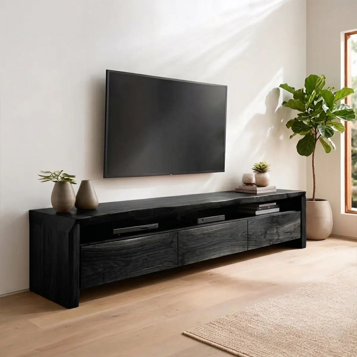 Handcrafted Solid Wood TV Stand with Thick Top and Curved Side Legs - Woodenecho