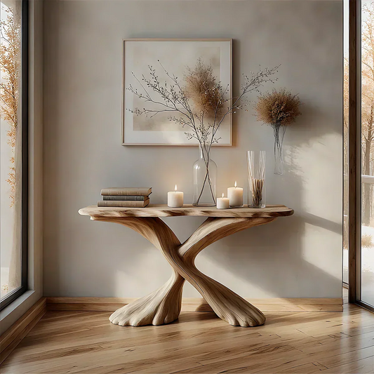 Handcrafted Solid Wood Twisted Sculptural Console – Japandi Art Form - Woodenecho
