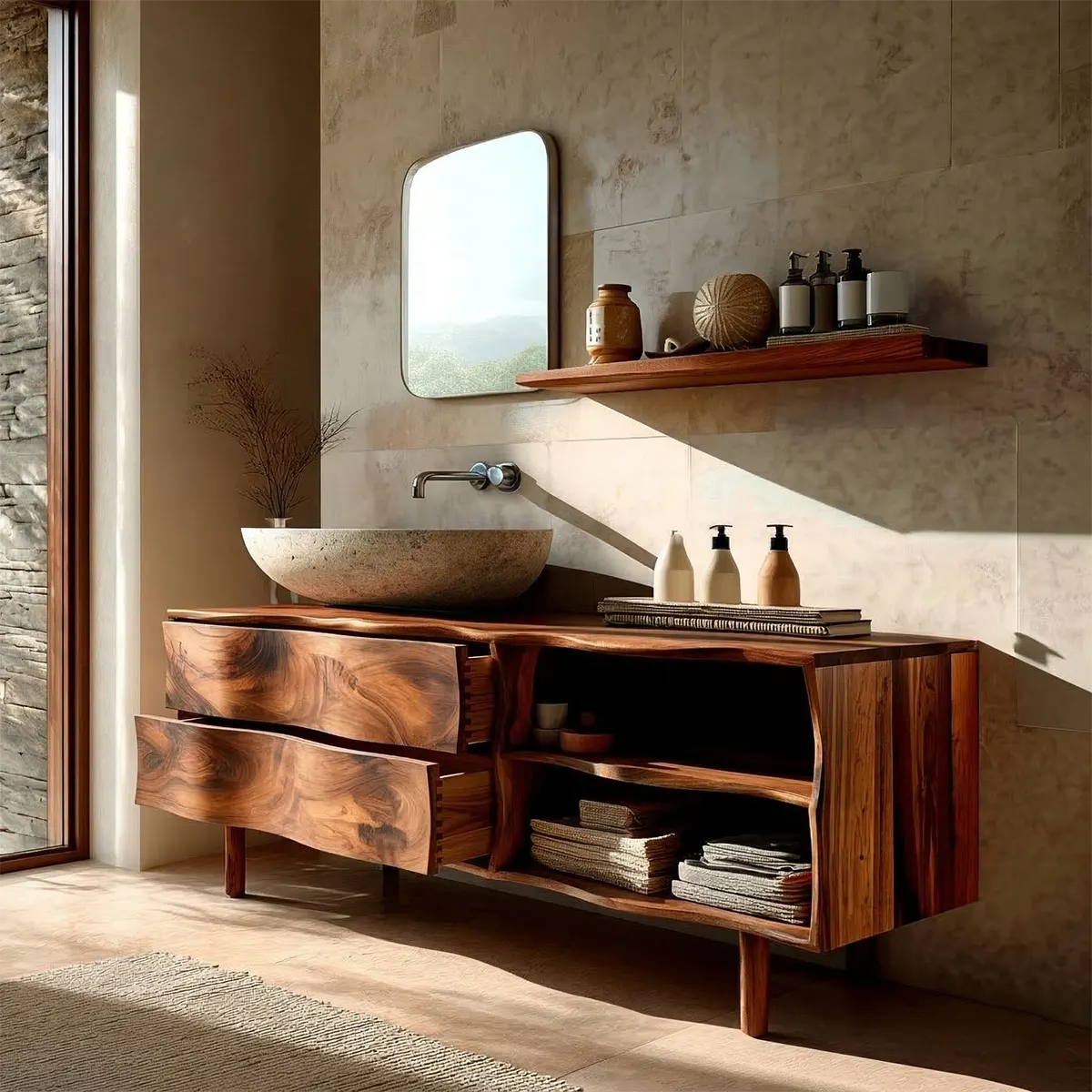 Handcrafted Traditional Bathroom Vanity Cabinet in Natural Solid Wood - Elitegemse