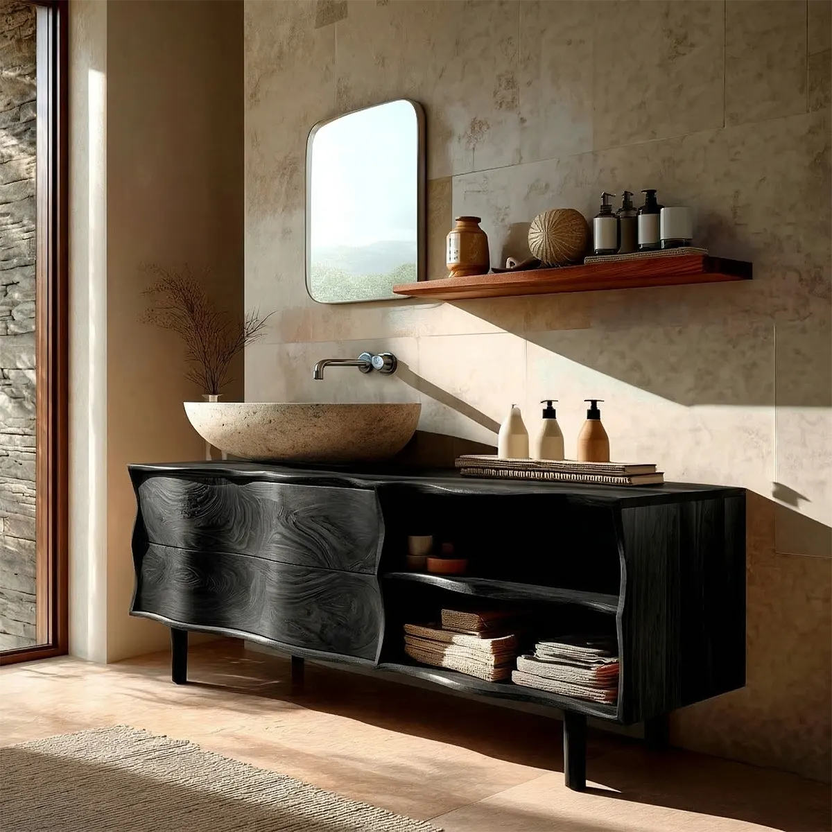 Handcrafted Traditional Bathroom Vanity Cabinet in Natural Solid Wood - Elitegemse