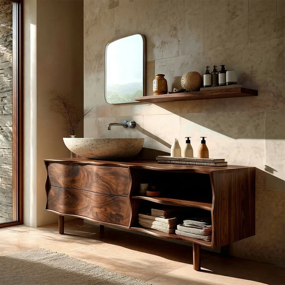 Handcrafted Traditional Bathroom Vanity Cabinet in Natural Solid Wood - Elitegemse