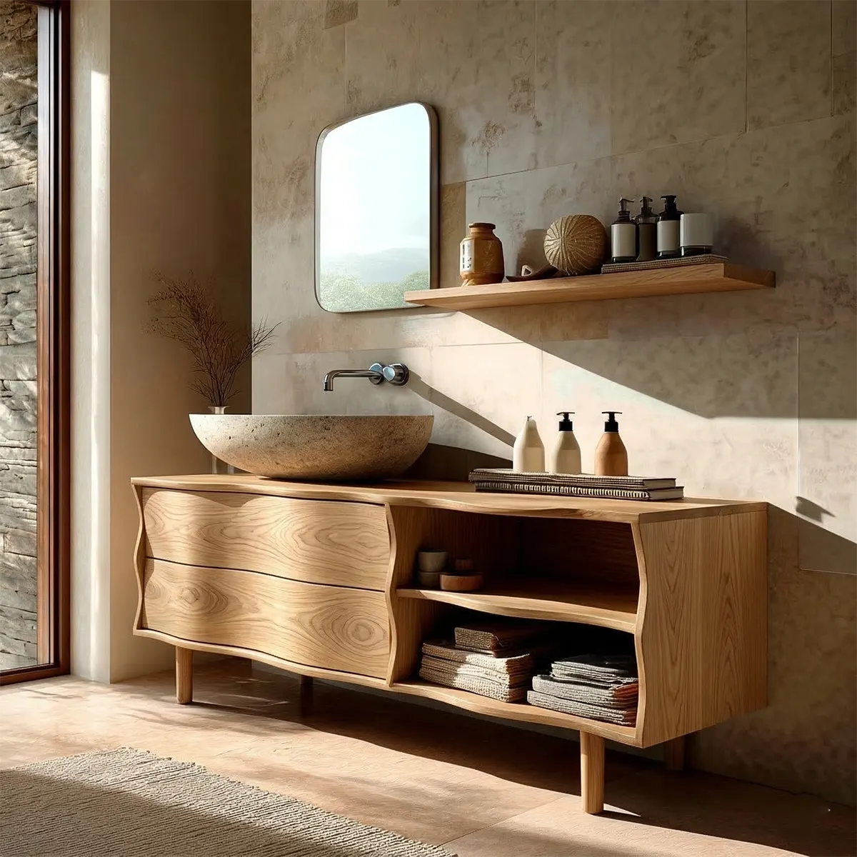 Handcrafted Traditional Bathroom Vanity Cabinet in Natural Solid Wood - Elitegemse