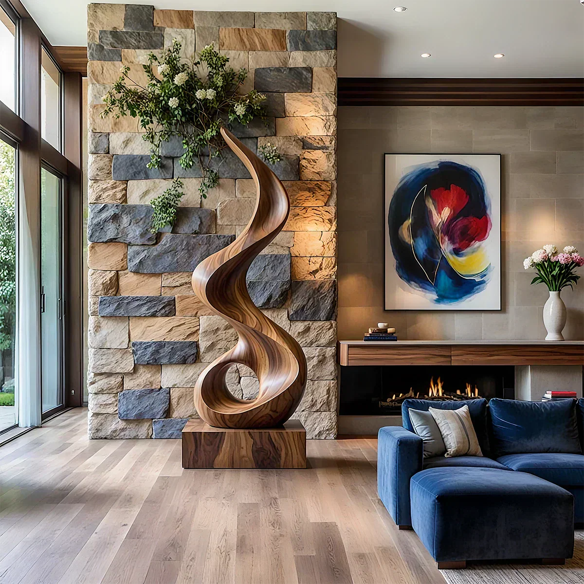 Handmade Solid Wood Abstract Sculpture – Tall Twisted Form - Rustirawood
