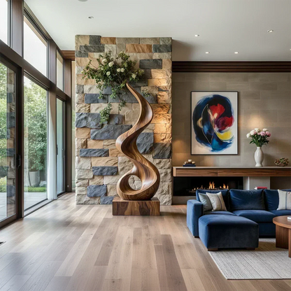 Handmade Solid Wood Abstract Sculpture – Tall Twisted Form - Woodenecho