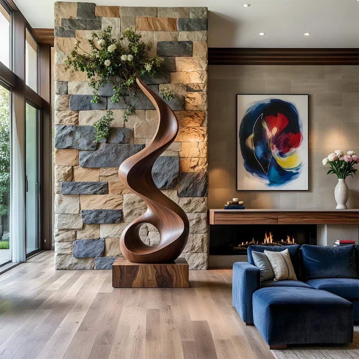 Handmade Solid Wood Abstract Sculpture – Tall Twisted Form - Woodenecho