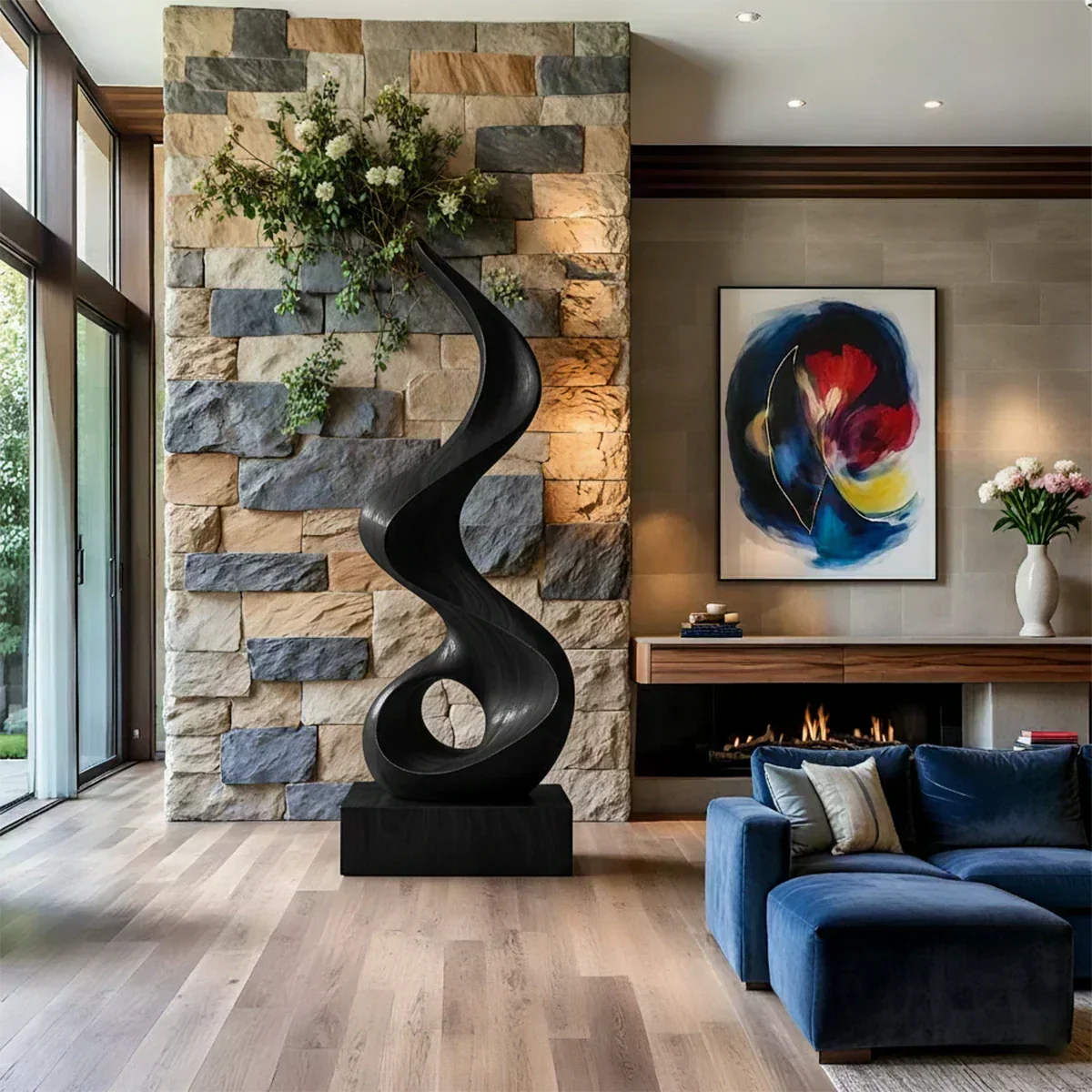 Handmade Solid Wood Abstract Sculpture – Tall Twisted Form - Woodenecho