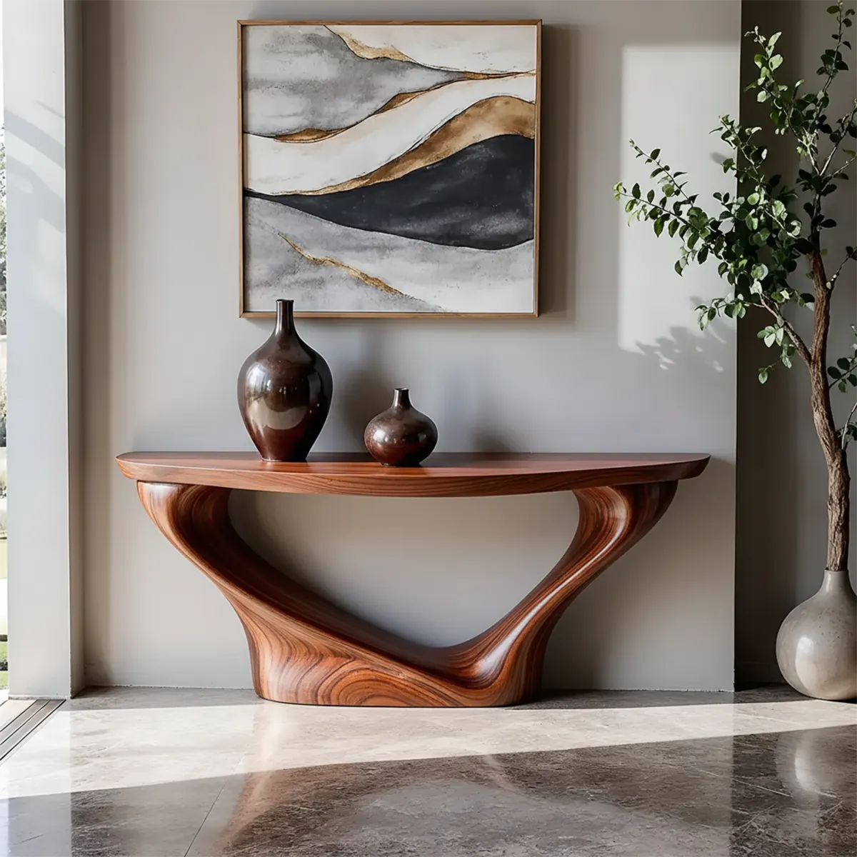 Harmony Arc Walnut Finish Console Table – Handcrafted Elegance - Rustirawood