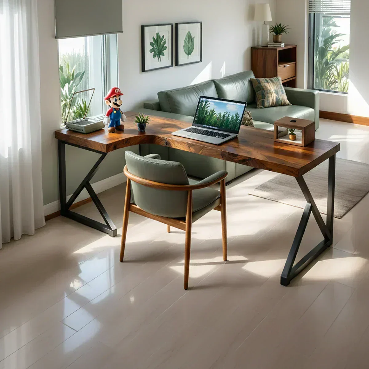 L-Shaped Solid Wood Desk with Steel Z-Frame - Woodenecho